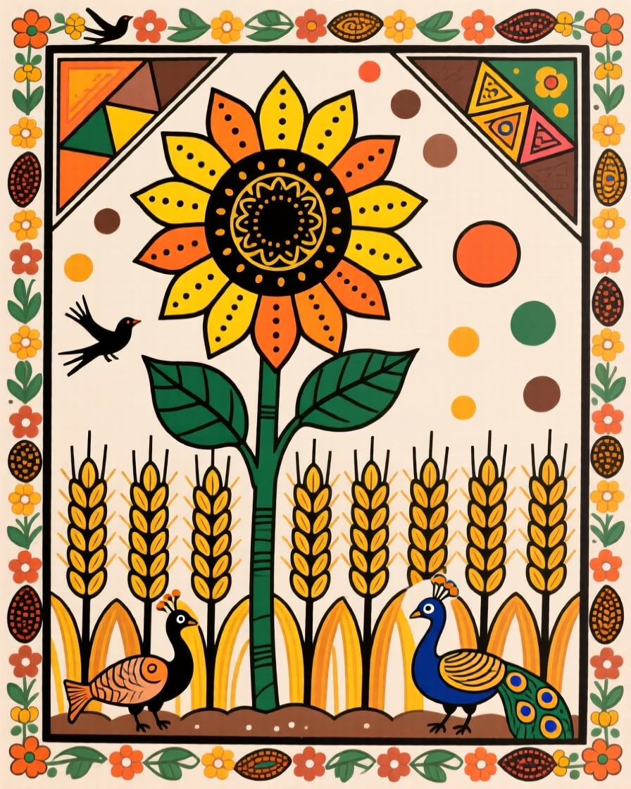 A lone sunflower standing tall above a row of ripening wheat.