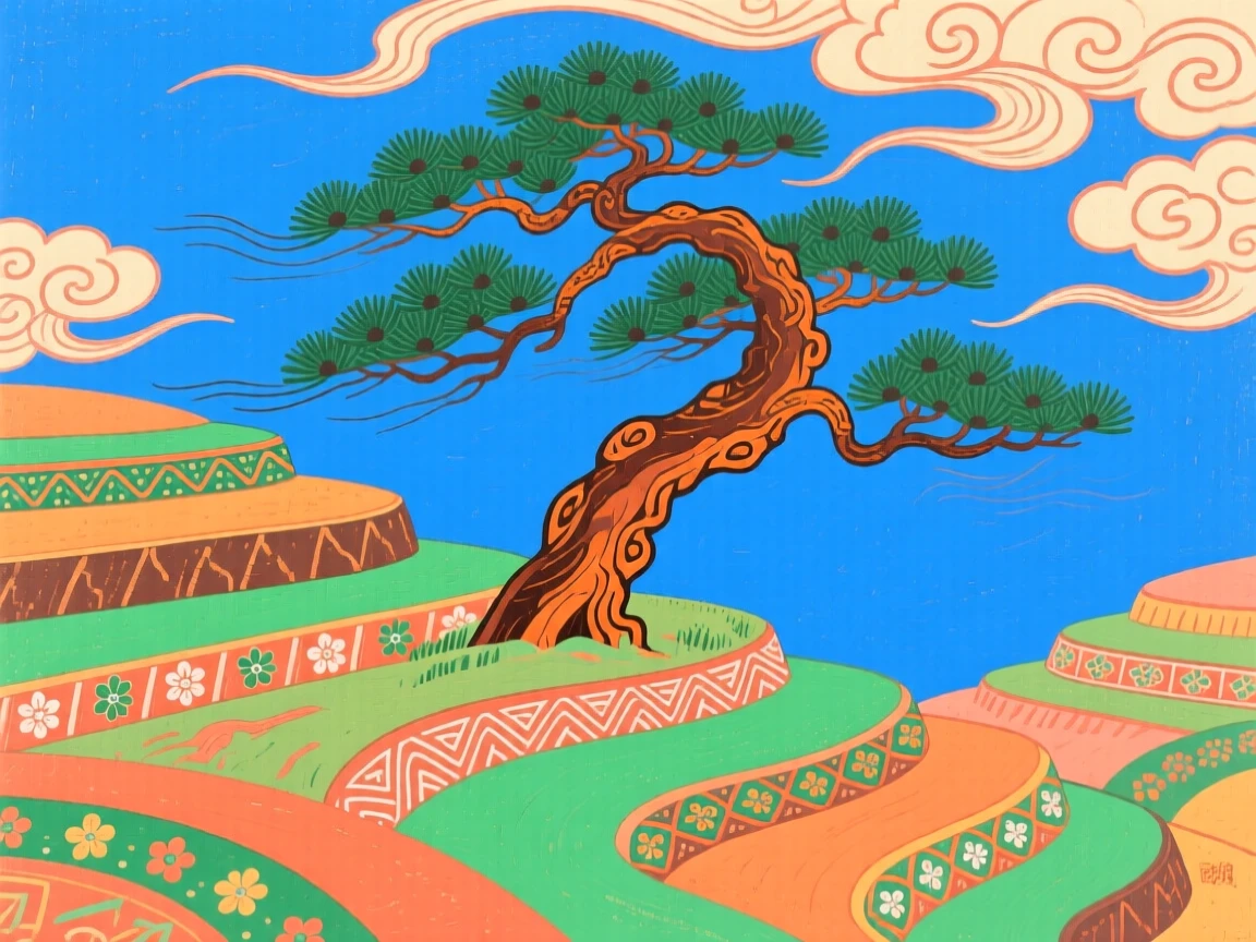 A pine tree twisted by mountain wind on a terraced hillside.