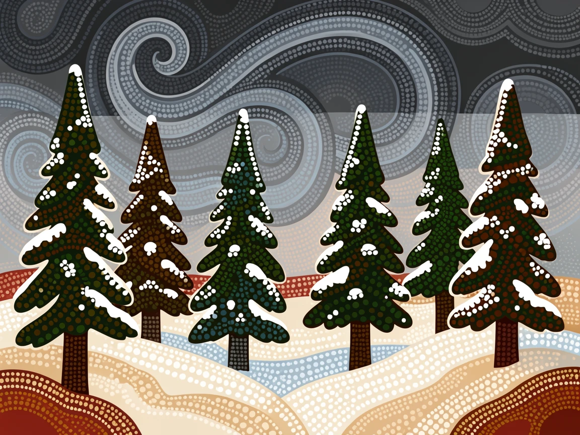 A snow-blanketed pine forest during a dramatic storm