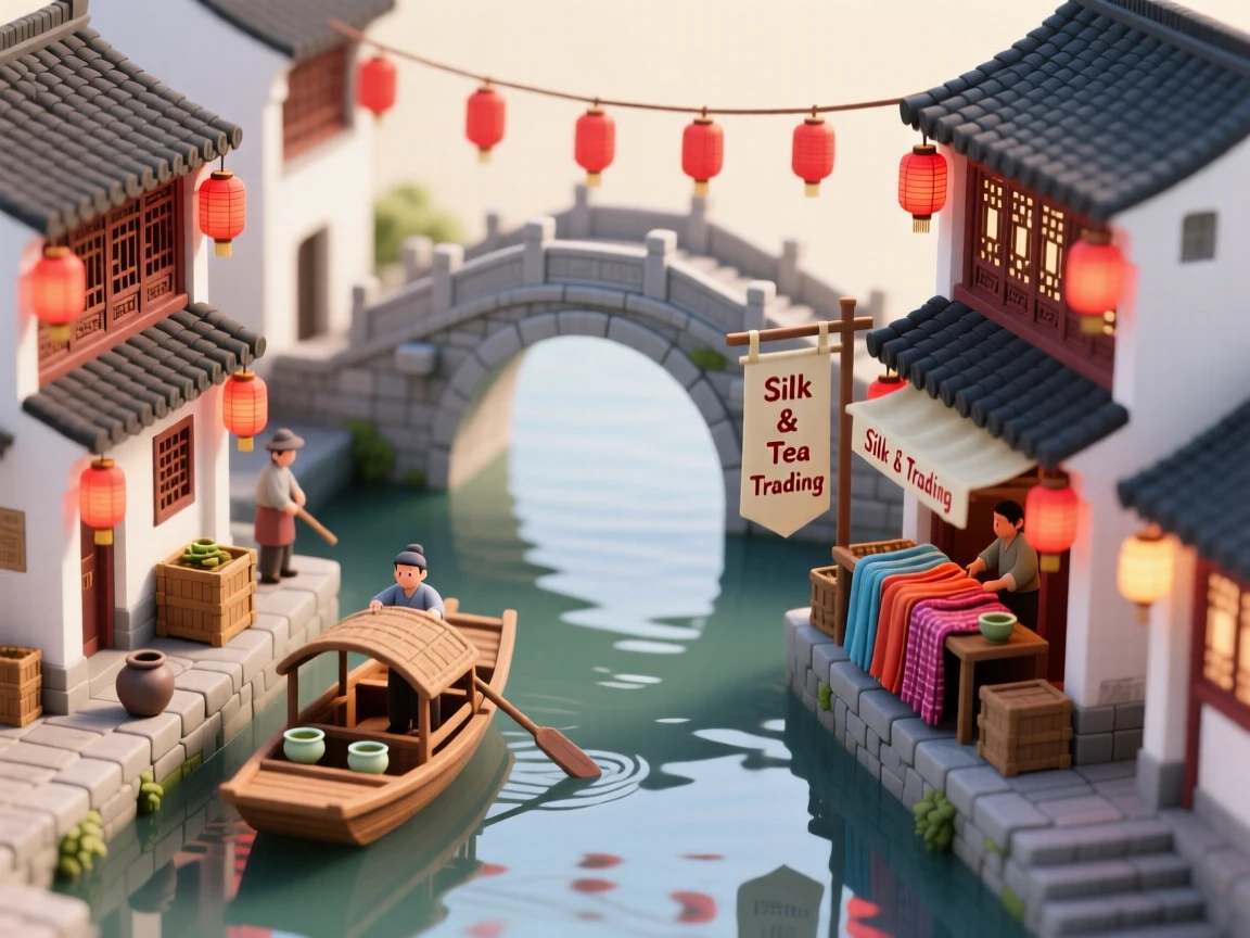 A miniature Chinese water town with arched stone bridges over canals, red lanterns strung between buildings, and merchants selling silk and tea from small boats.