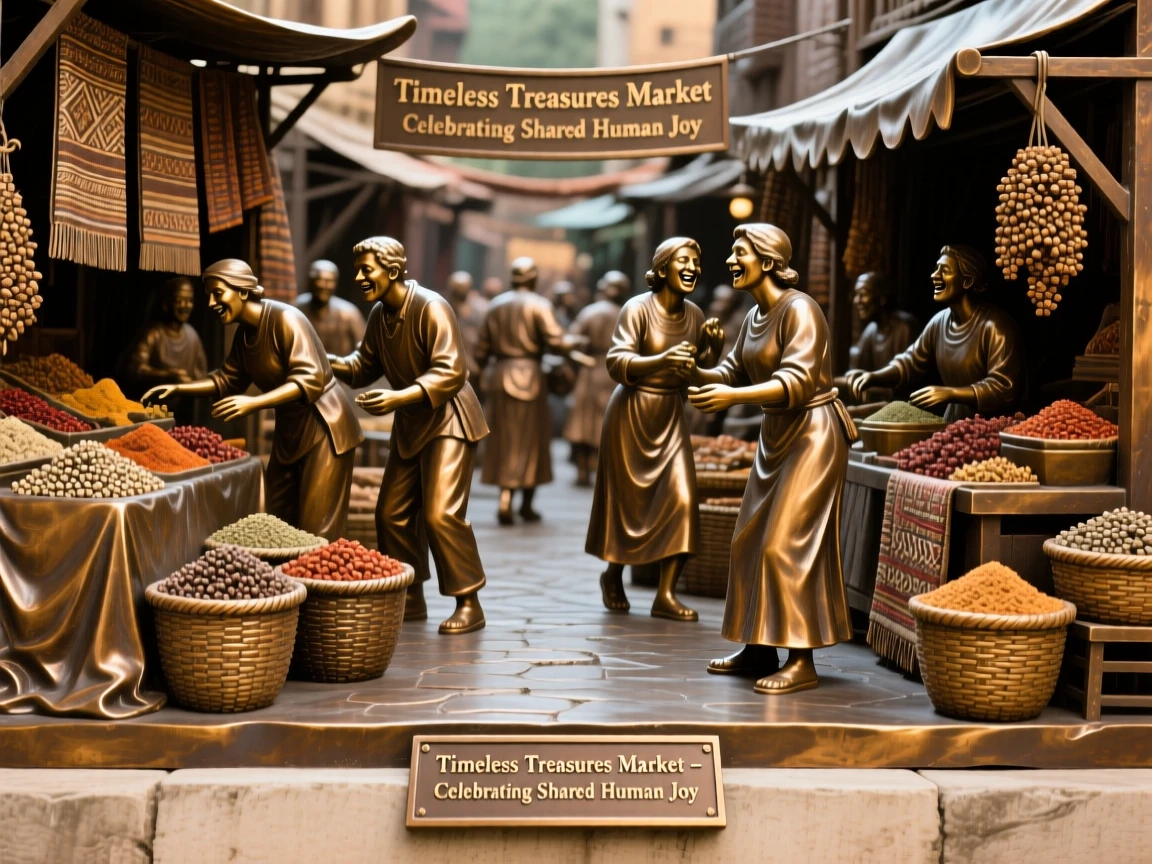 A market bustling with colorful textiles and spices, evoking timeless human connection, celebrating shared human joy