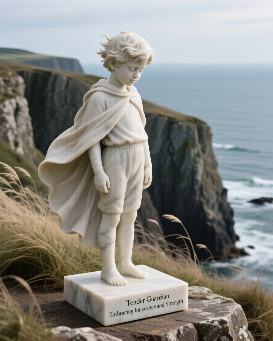 A tender portrait of a little boy, looking down with a tender, protective gaze, on a windswept cliff overlooking the sea, evoking warmth and humanity