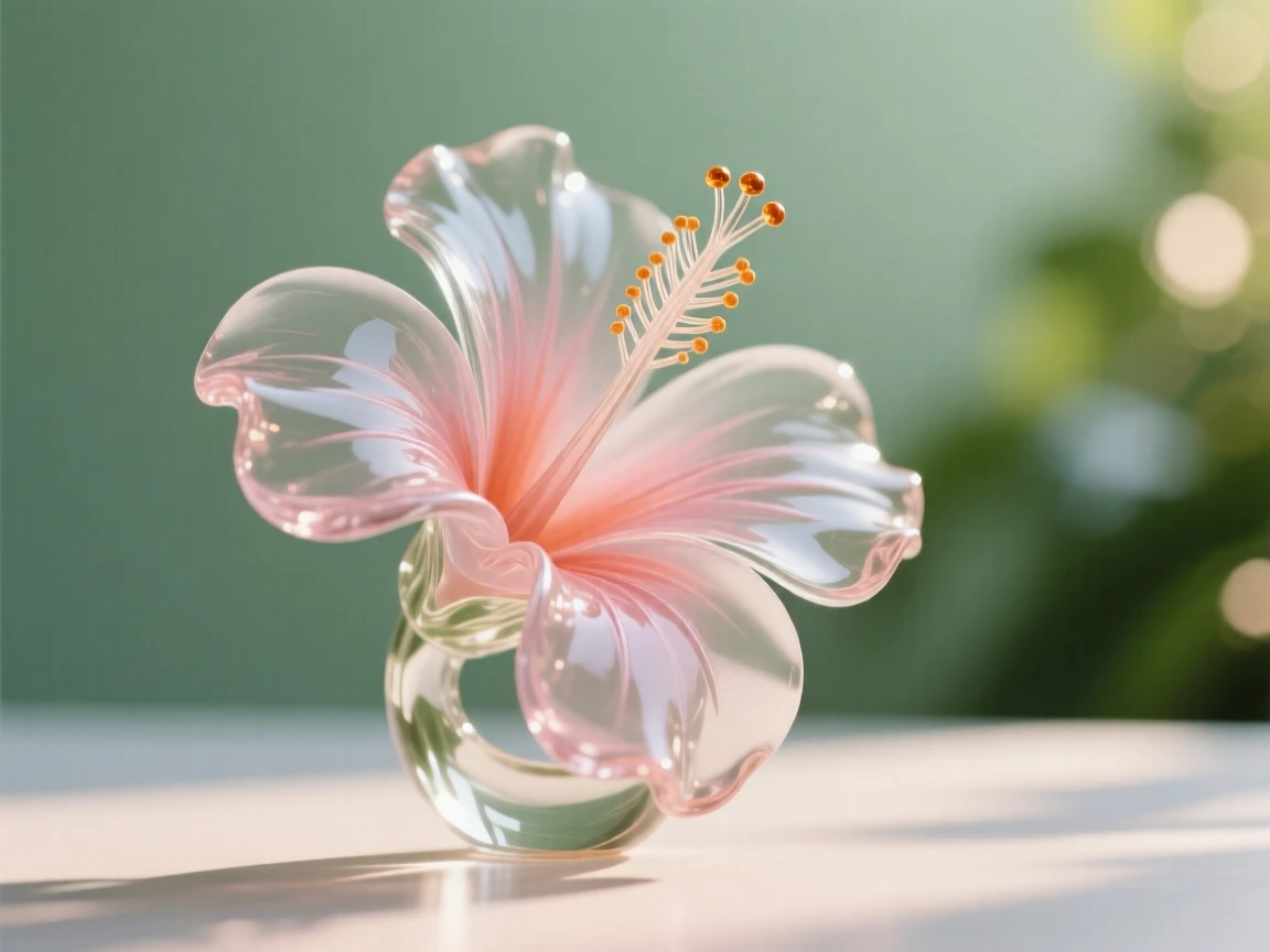 A single hibiscus flower in a lush garden setting with soft green foliage behind, gentle afternoon light, feeling romantic and inviting.