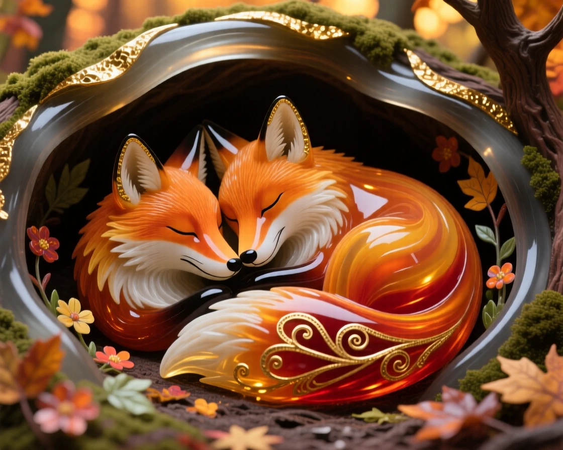A pair of foxes curled together asleep in an autumn den, cozy and intimate.