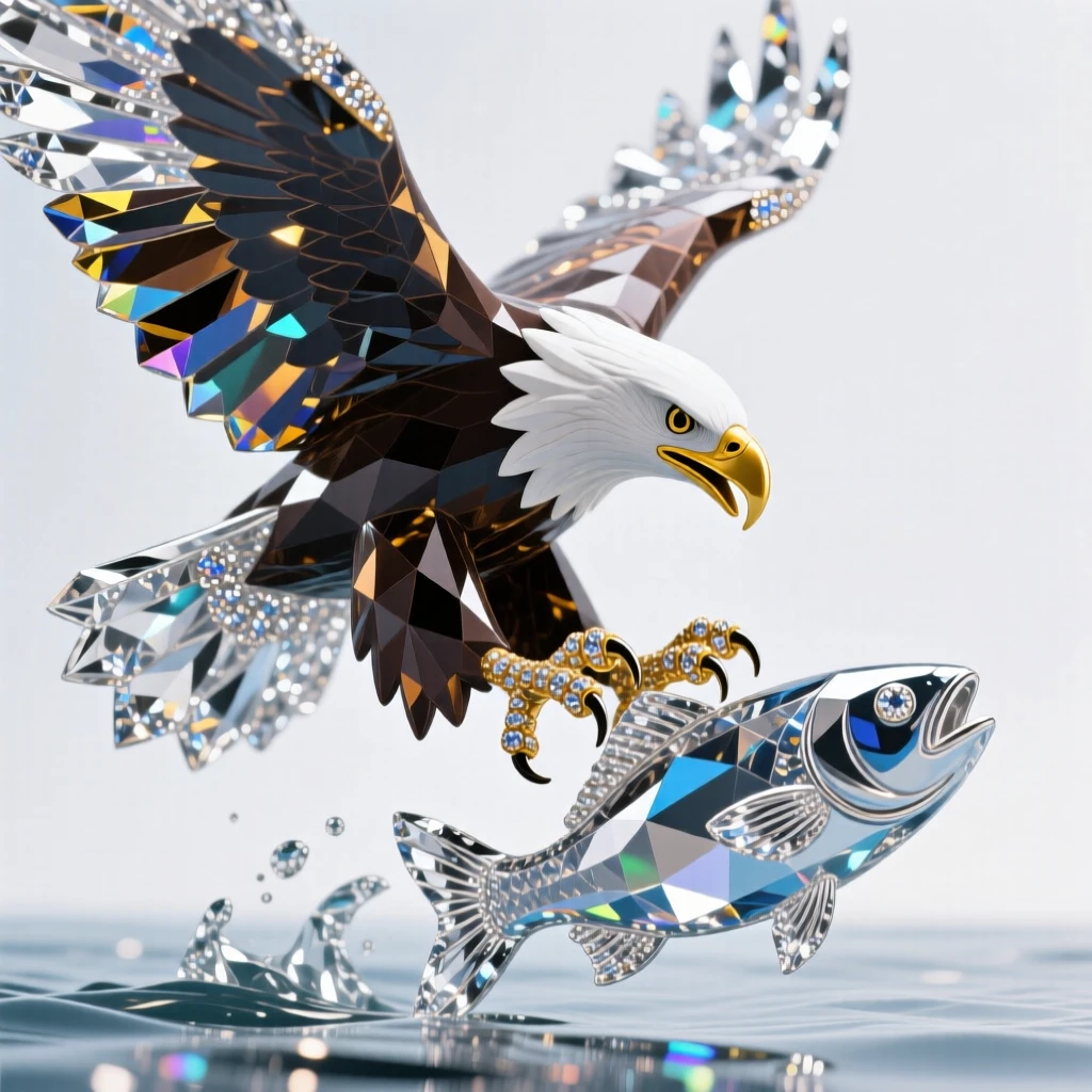A bald eagle diving toward water, talons outstretched to catch a fish.
