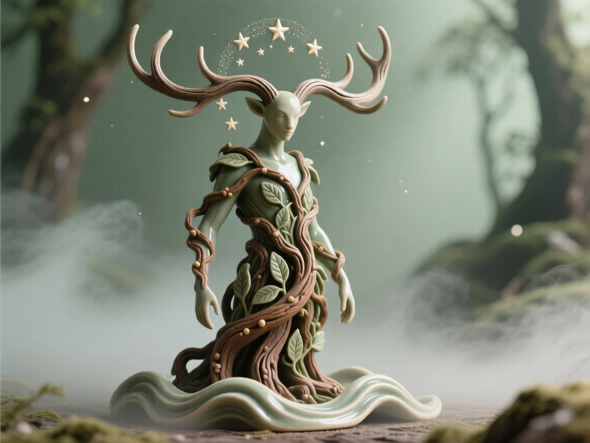 A gentle forest guardian made of vines and antlers emerging dramatically from a swirl of mist, haloed by a faint circle of starlight, filling the scene with mysterious, otherworldly beauty.