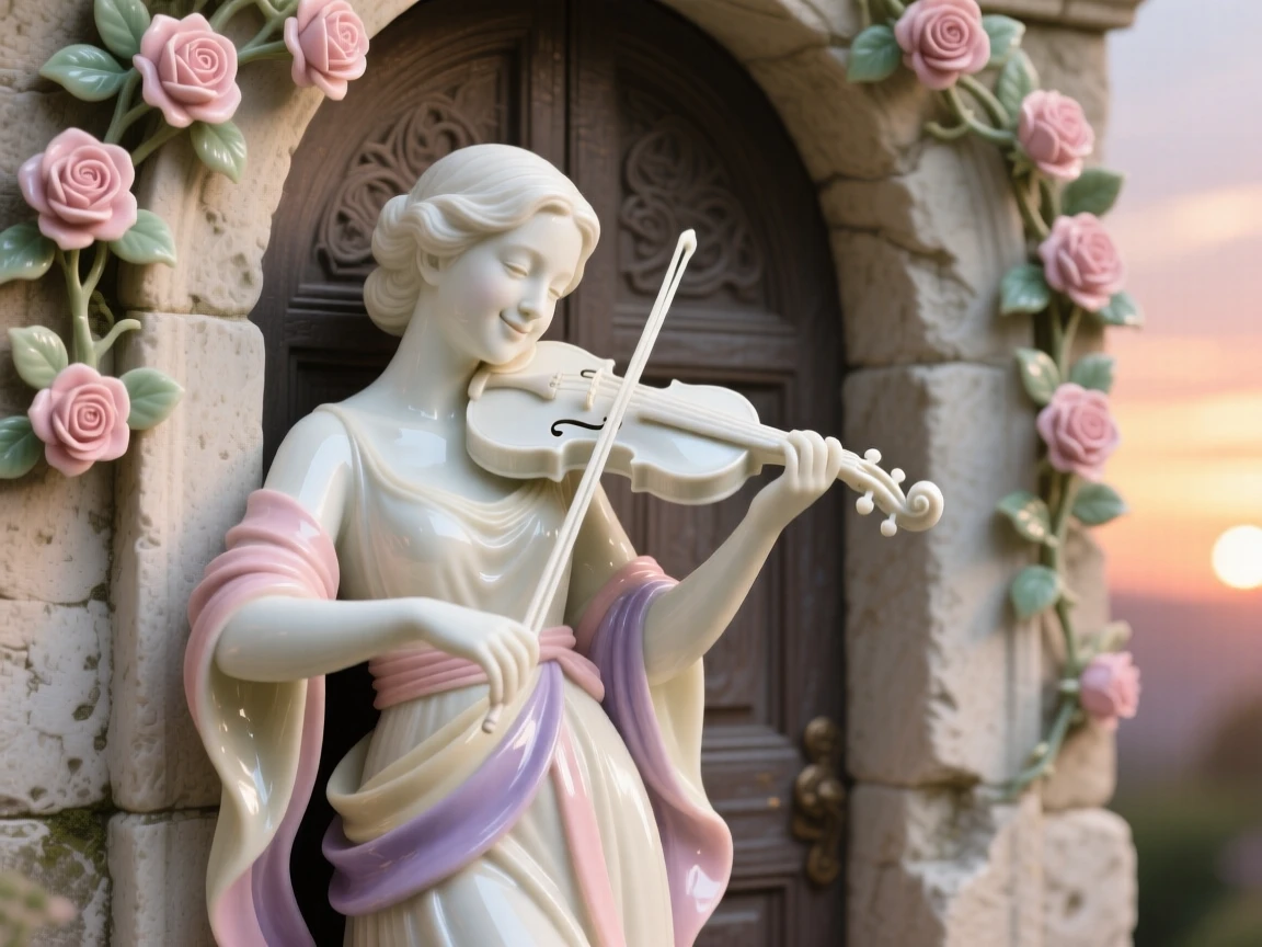 A violinist leaning against an ancient doorway, wearing layered silk ribbons, a faint, knowing smile on her lips, set against a rose-covered pergola at sunset.