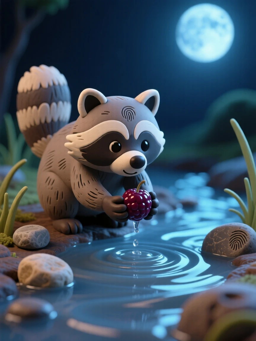 A raccoon washing a berry in a moonlit stream