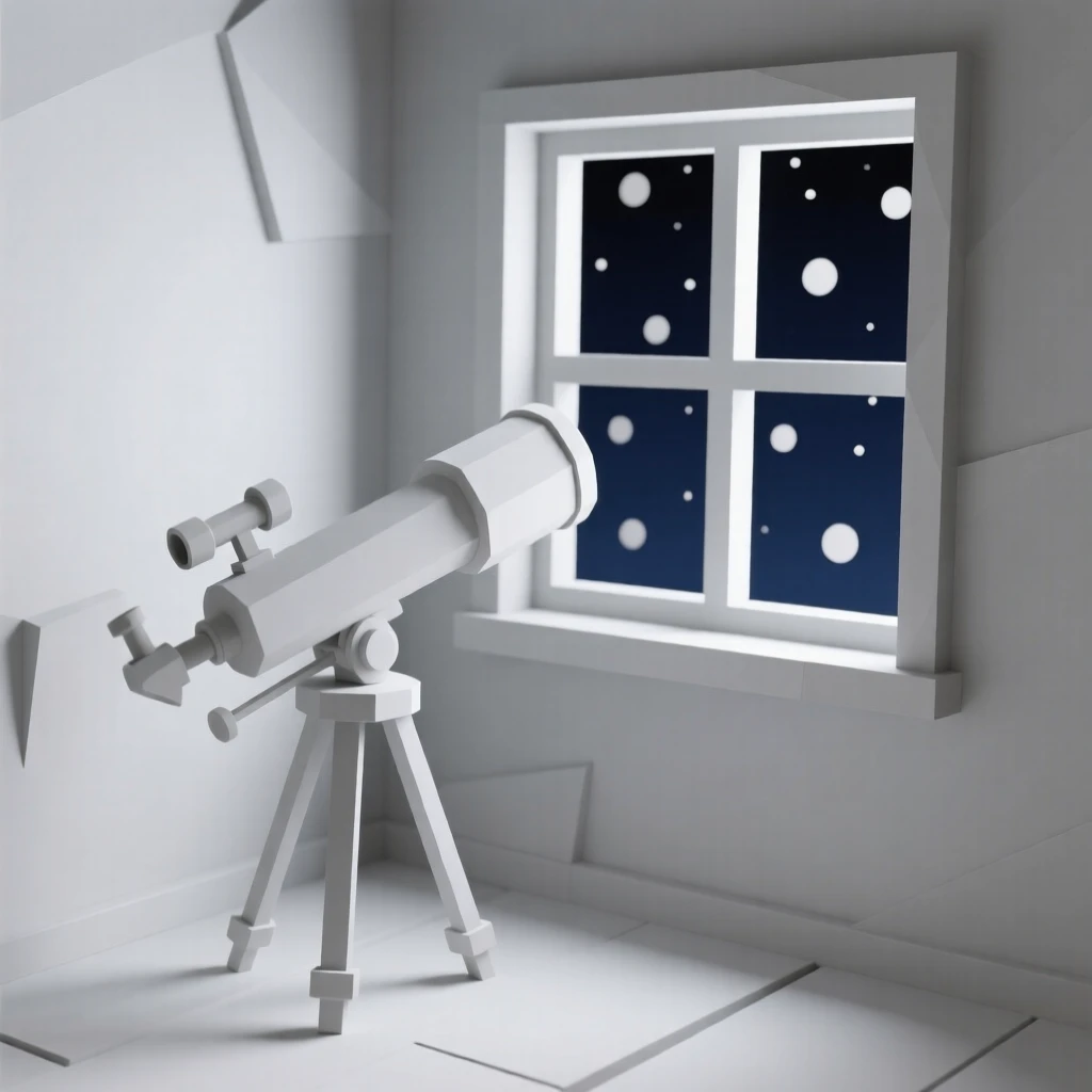 A telescope pointed toward a starry window view, in a cozy, sunlit corner. fine textures and material details are clearly visible. A sense of quiet history fills the objects.