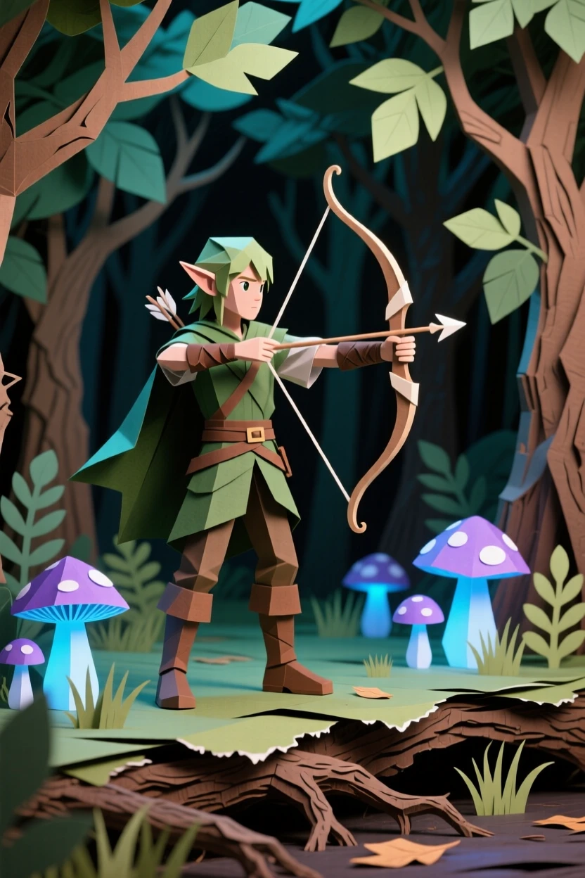 A young elf archer standing at the edge of an ancient glowing forest, bow drawn toward an unseen threat, luminescent mushrooms lighting the undergrowth, capturing quiet tension.