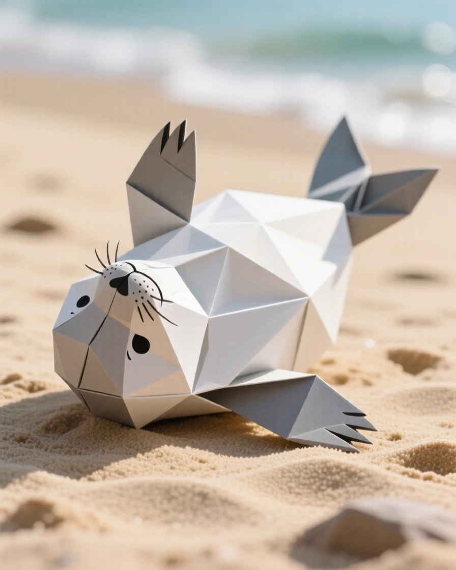 A baby seal pup rolling onto its back on a sandy beach, flippers raised playfully.