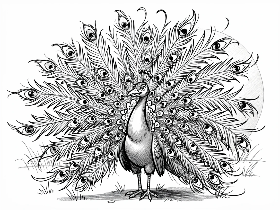 A peacock displaying its feathers at sunrise on the savanna.
