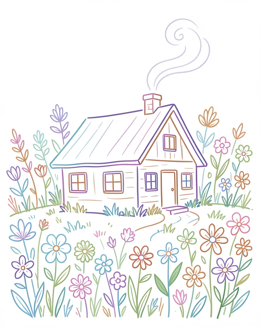 A remote mountain cabin surrounded by wildflowers with smoke curling from its chimney.
