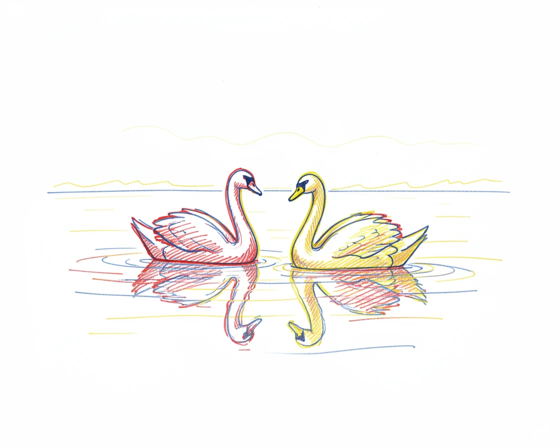 A pair of swans gliding gracefully across a still lake at sunrise