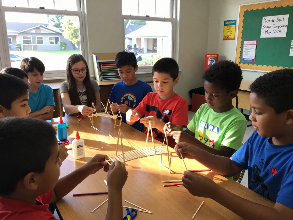 A group of kids builds a model bridge out of popsicle sticks for a competition.