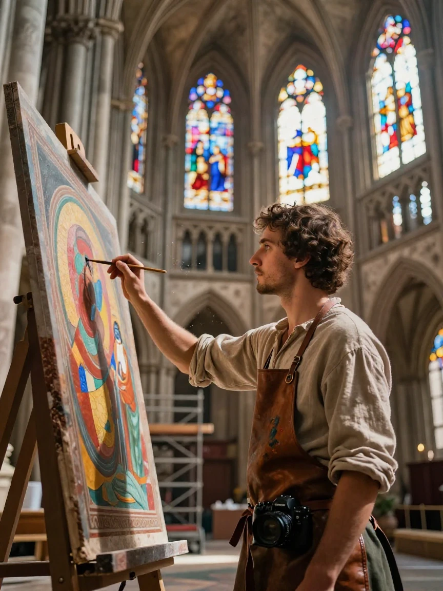 A Renaissance painter working carefully on a fresco inside a grand cathedral