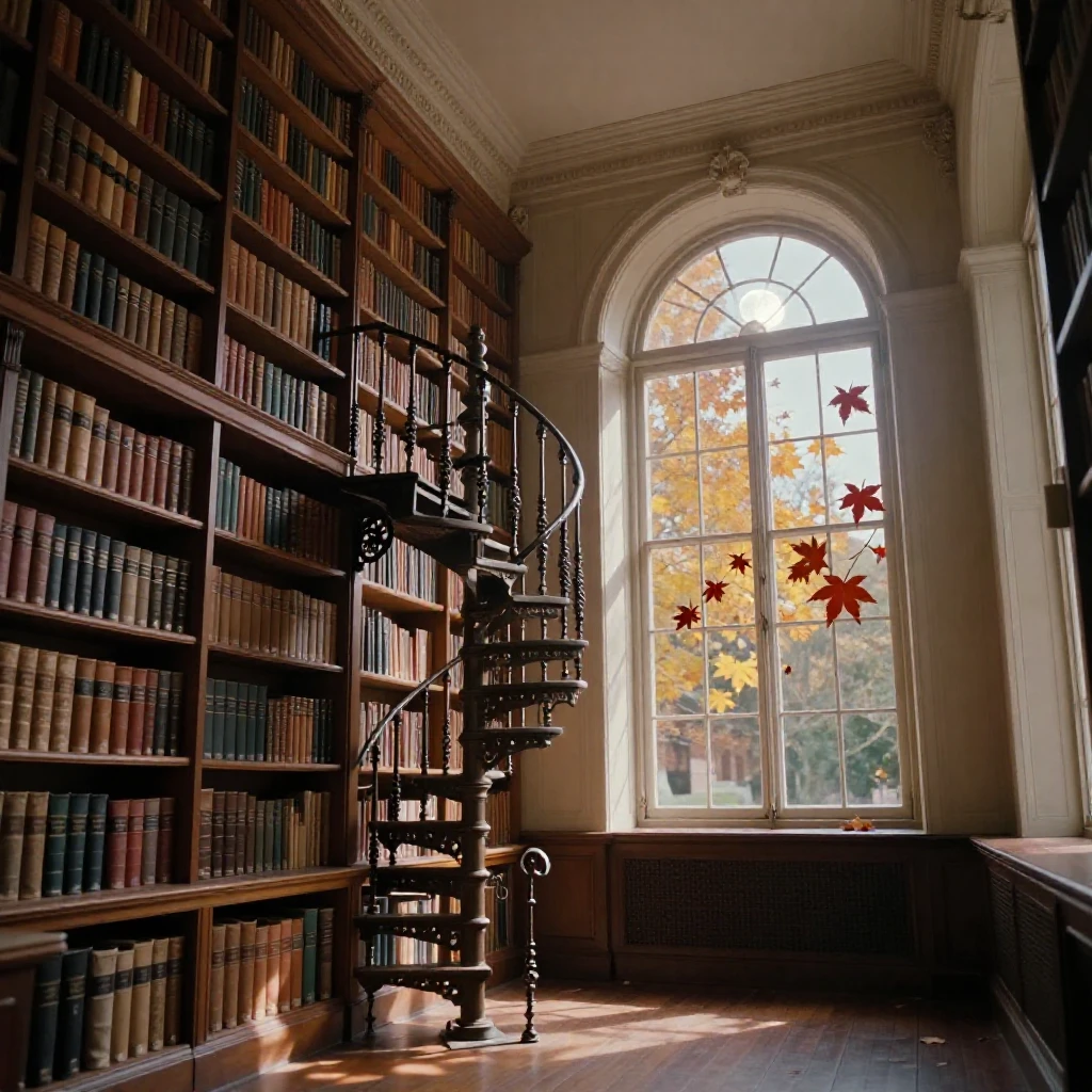 A grand old library with towering shelves and a spiral staircase, under moonlight, as heat shimmers over the ground, as autumn leaves turn gold and red, in warm honey and cream tones, at eye level, intimate and direct.