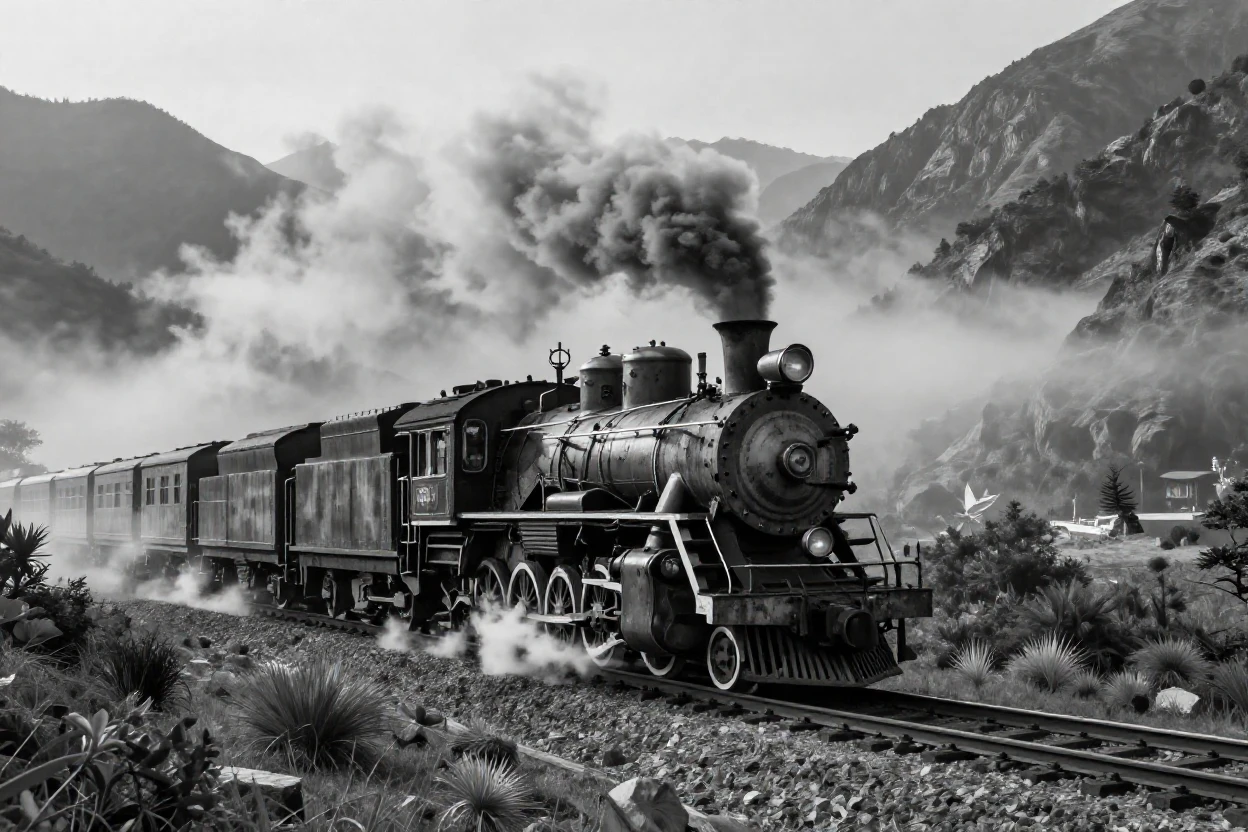 A vintage steam locomotive chugs through a misty valley through a scenic mountain pass.