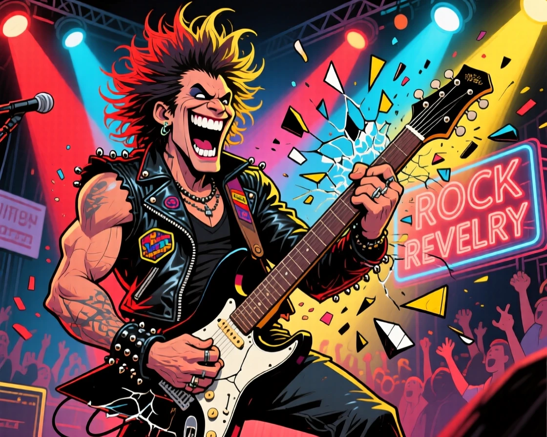 A charismatic rock-star-inspired fictional singer smashing a guitar on stage under bright lights.