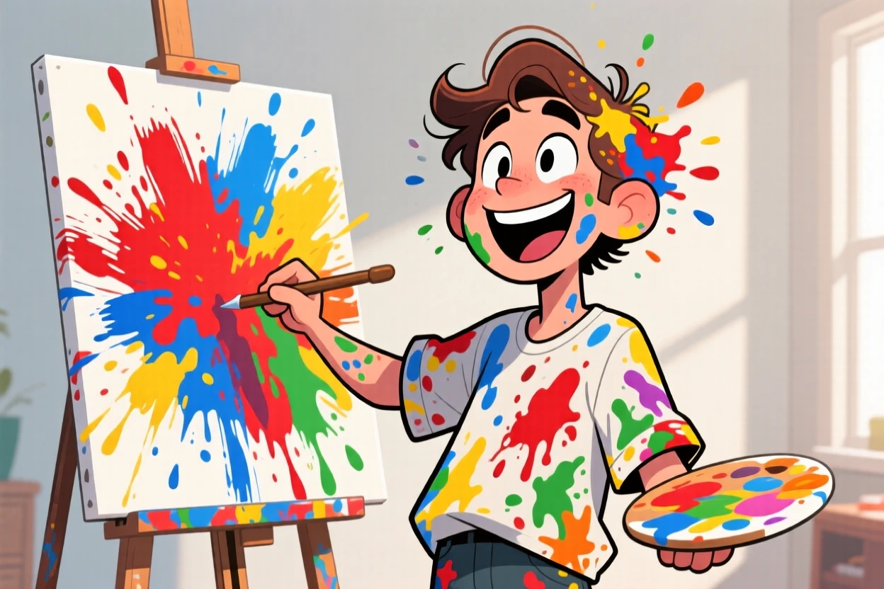 An everyday-life snapshot of a passionate painter splattered head to toe in colorful paint, standing before a half-finished canvas.