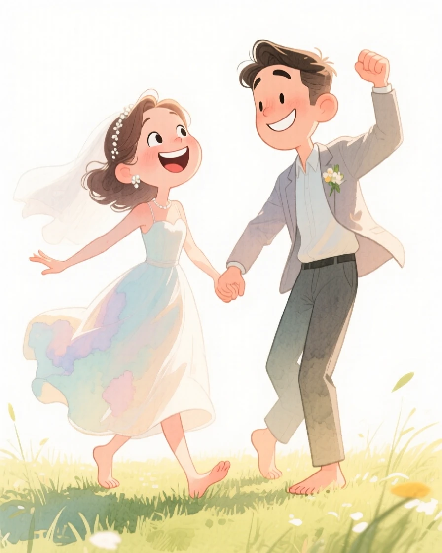 Newlyweds dancing barefoot in a sunlit meadow