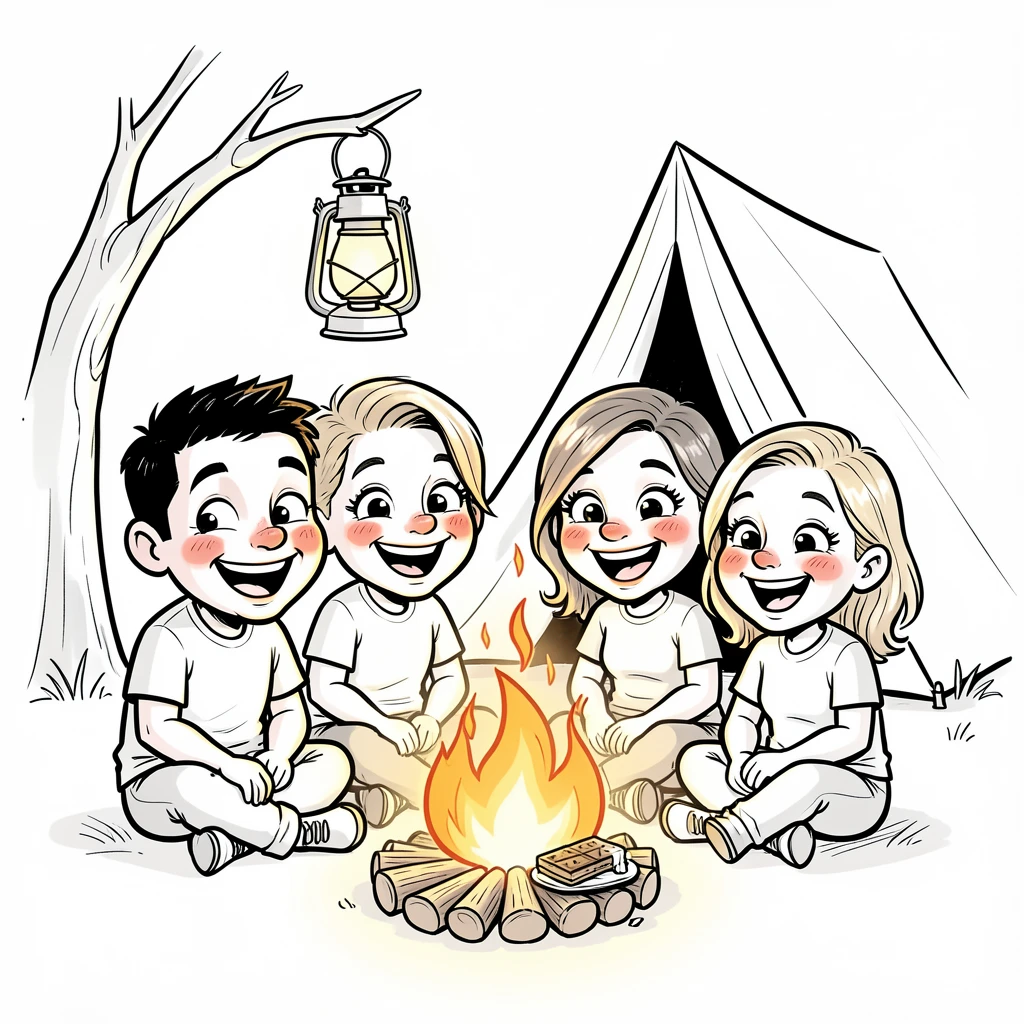 [Family & Relationship Moments] Heartwarming scene of a family camping trip with a tent, lantern, and s'mores, radiating love and warmth