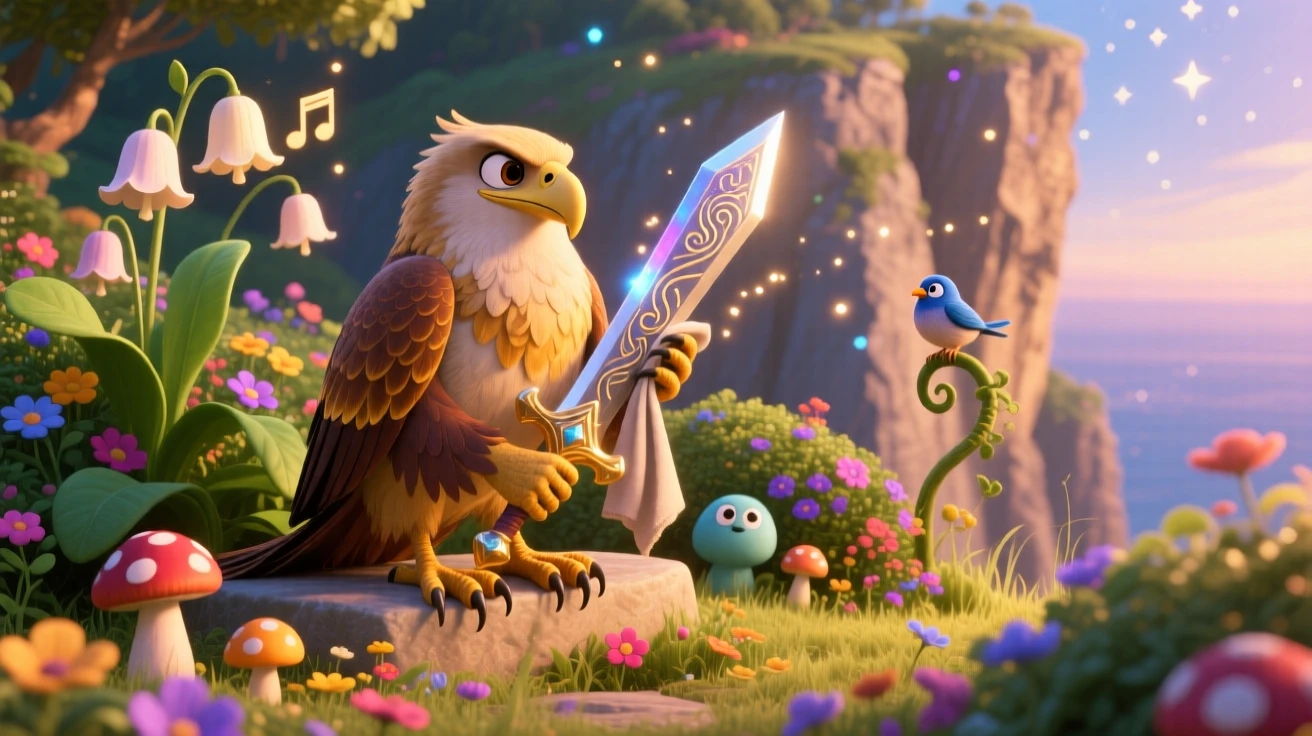 A griffin perched on a cliff stands in a garden where flowers chime like bells, polishing a gleaming enchanted sword. A gentle sense of wonder radiates through the air, with small creatures peeking out curiously nearby.