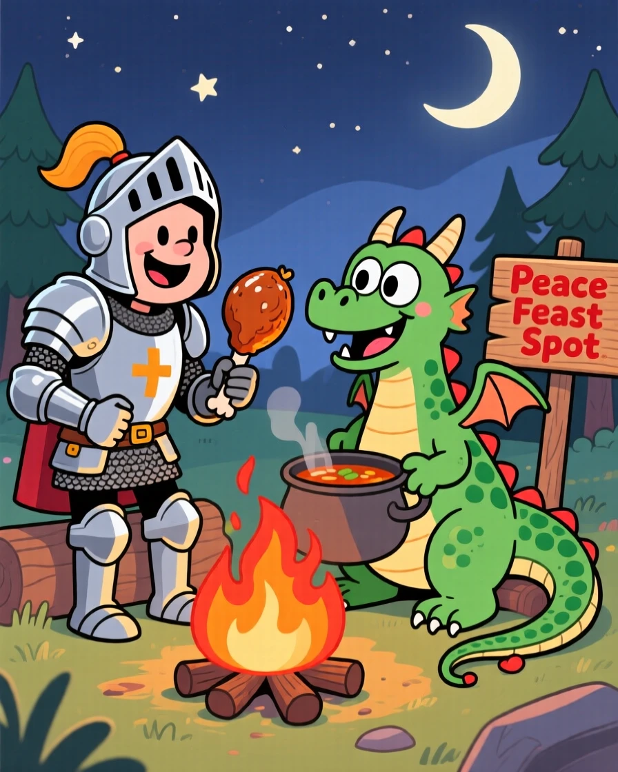 A knight and a dragon sharing a meal by a campfire instead of fighting.