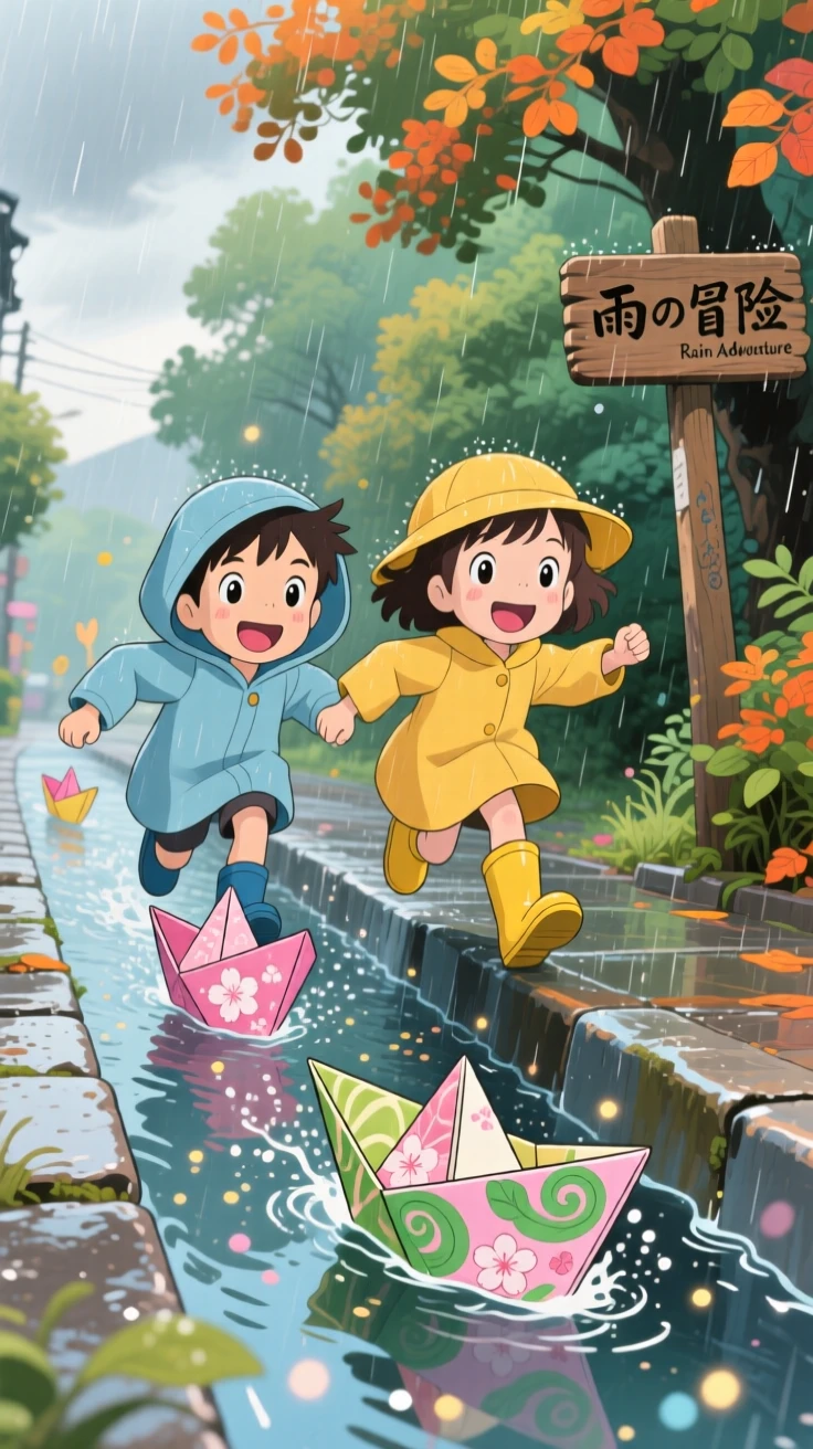 Children racing paper boats down a rain gutter, the moment full of laughter and energy.