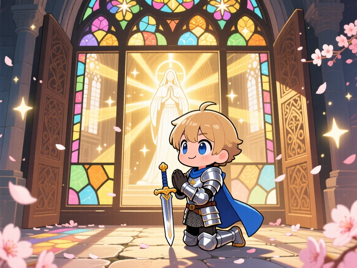 Framed through a window of a young paladin, kneeling to receive a blessing of light, in a grand sunlit cathedral, as cherry blossom petals drift on the breeze, illuminated by sparkling starlight, radiating proud determination.