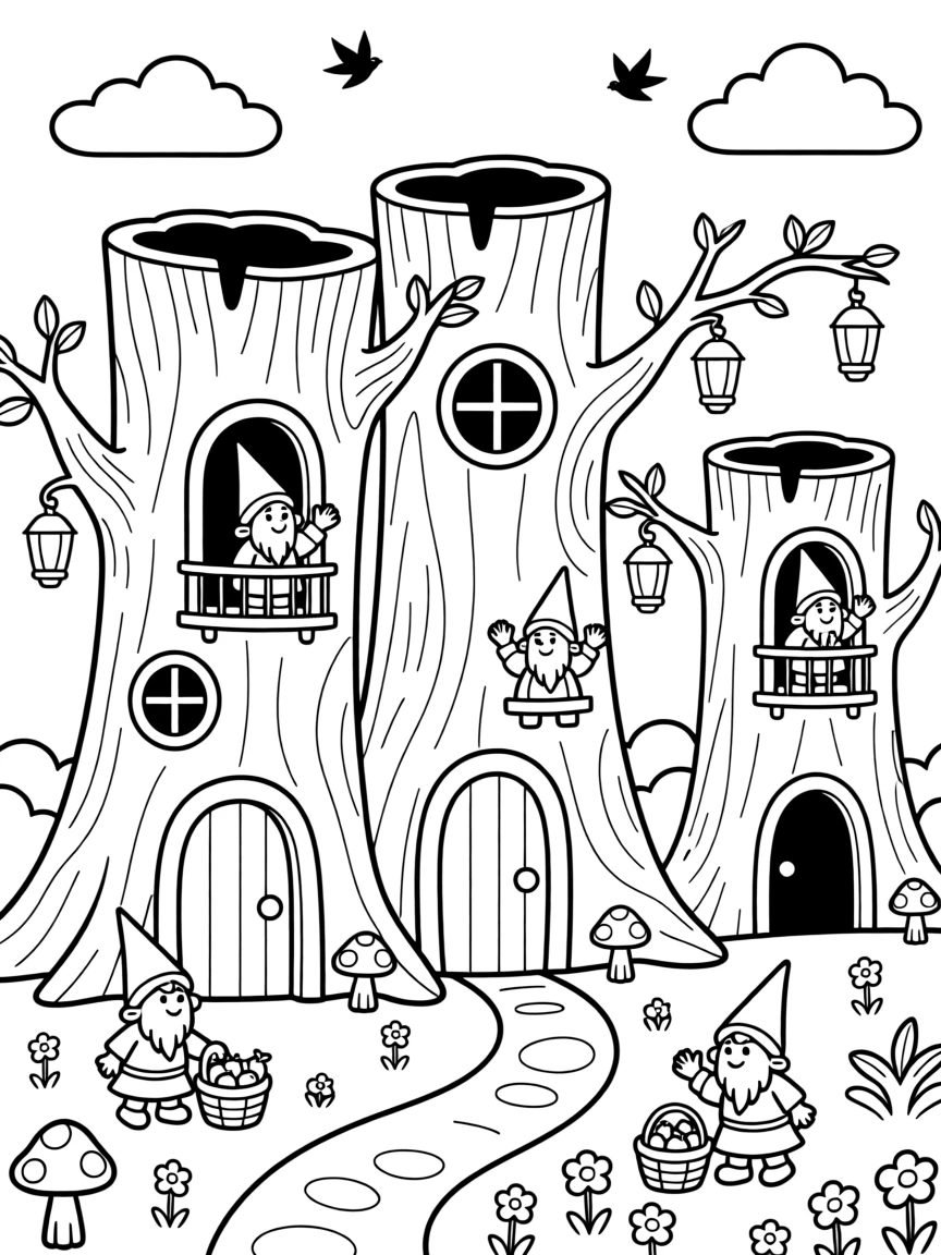A gnome village built inside giant hollow tree trunks