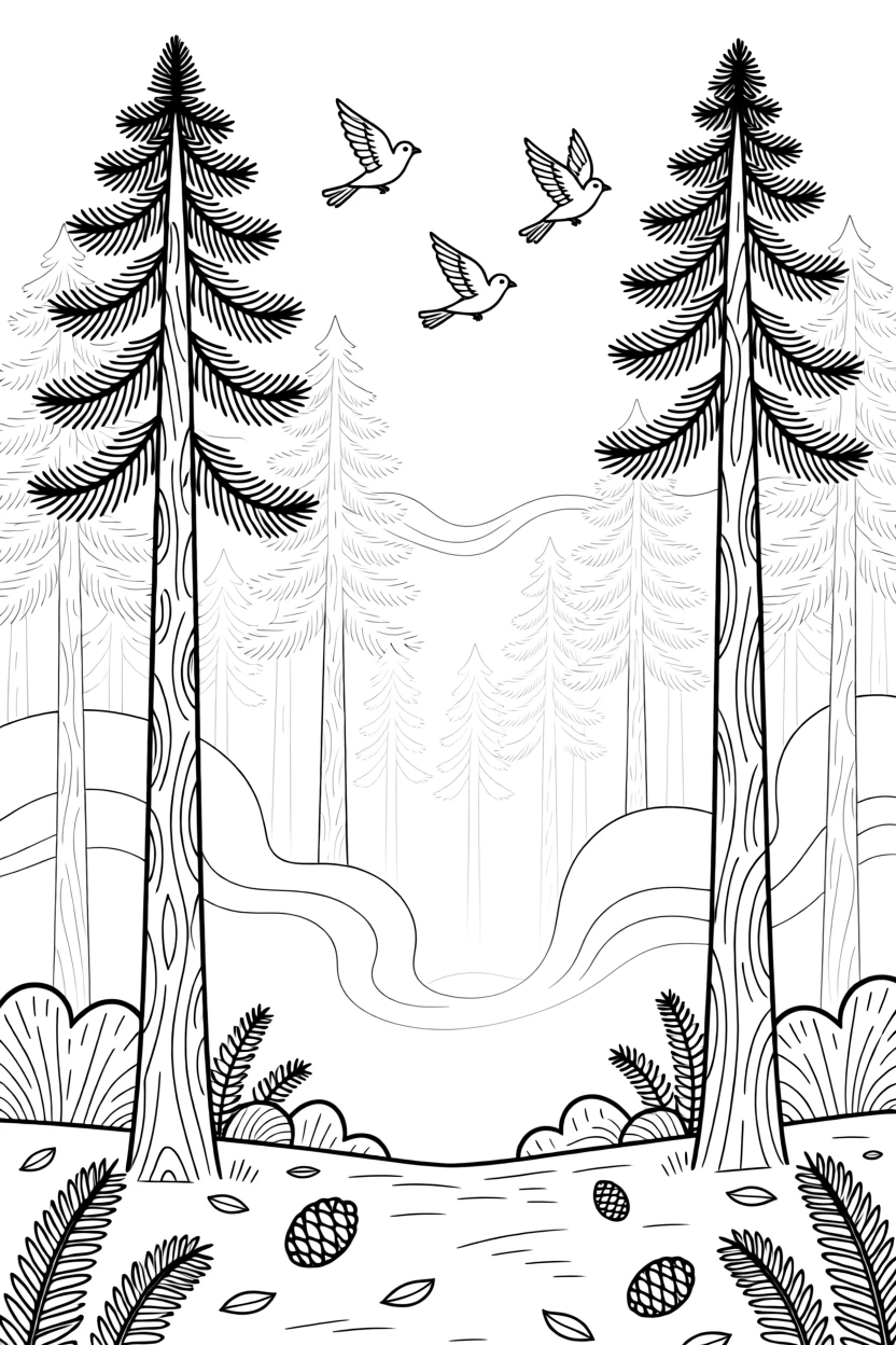 A dense pine forest blanketed in morning fog, with birds circling high above the treetops.