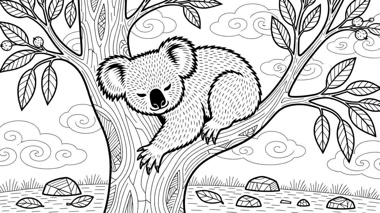 A koala napping in the fork of a eucalyptus tree.