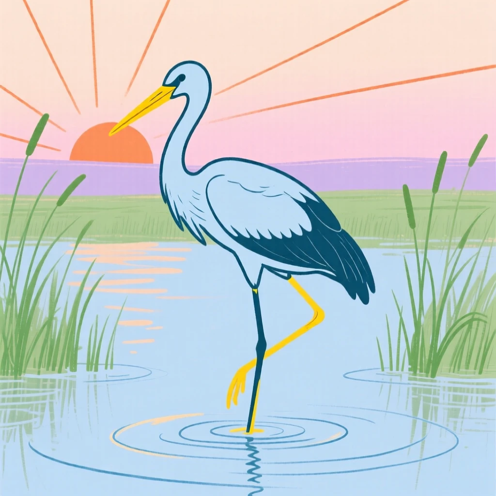 A stork standing on one leg in a wetland at sunrise.