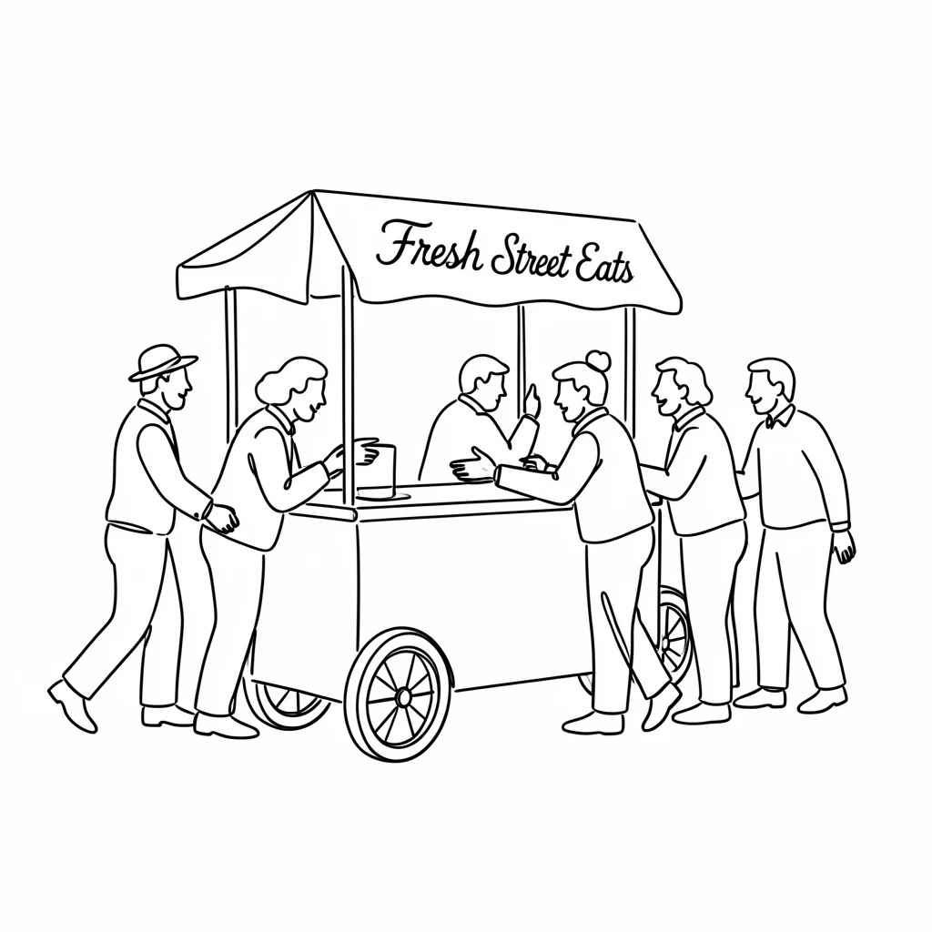 A busy street food cart surrounded by a line of eager customers