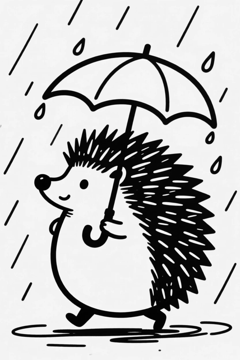 A round hedgehog character carrying a tiny umbrella in the rain.