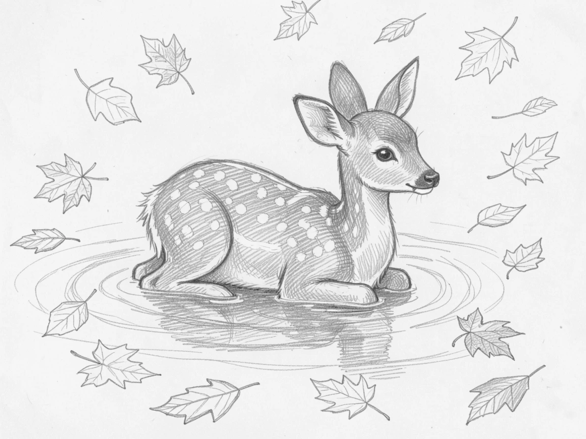 A heartwarming scene of a spotted fawn paddling through calm turquoise water, surrounded by falling autumn leaves.