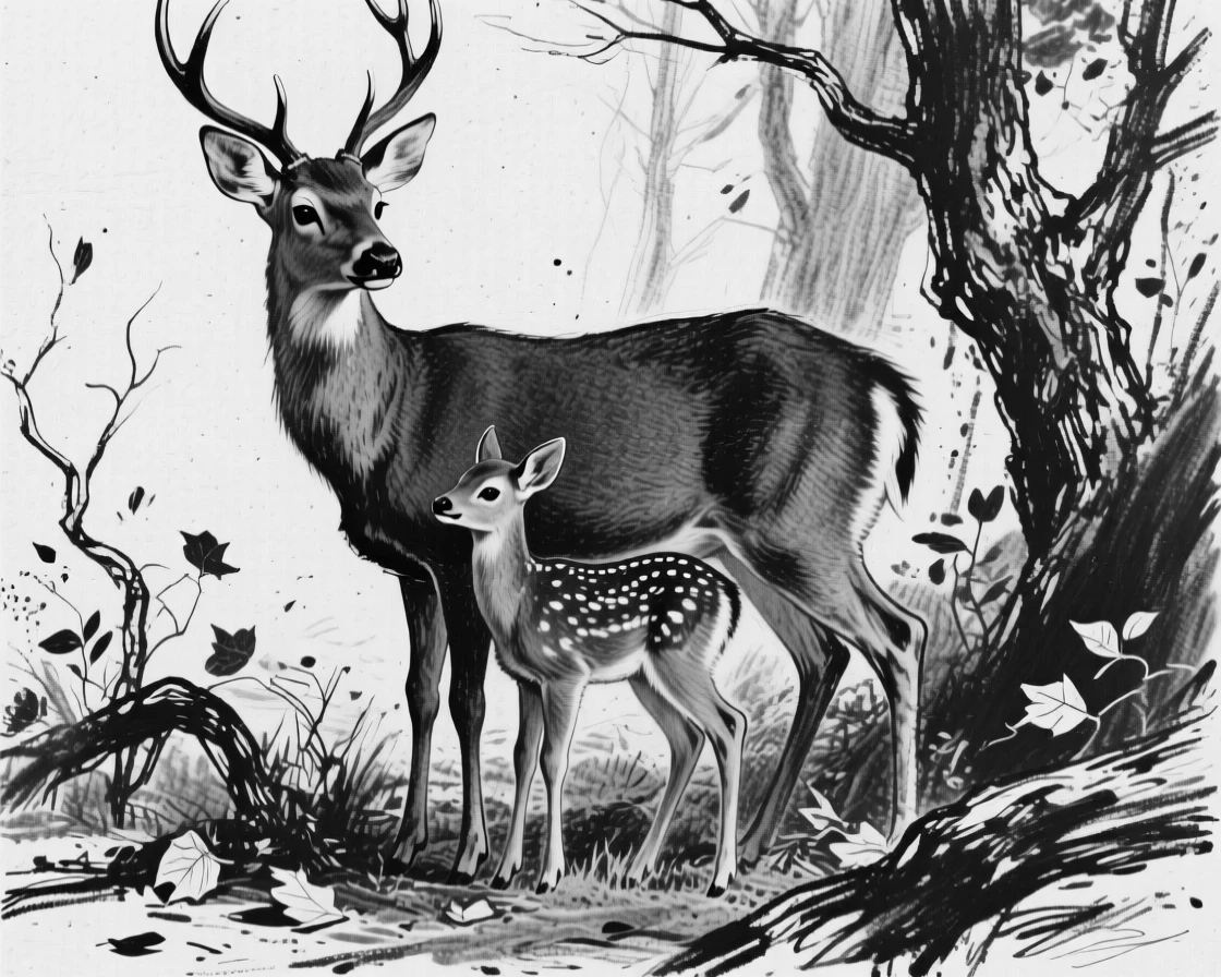 A deer and its fawn gathered together as a family in their natural habitat.