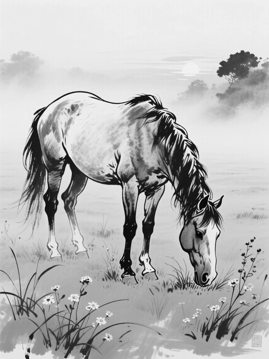A horse grazing peacefully in a misty green pasture at sunrise.