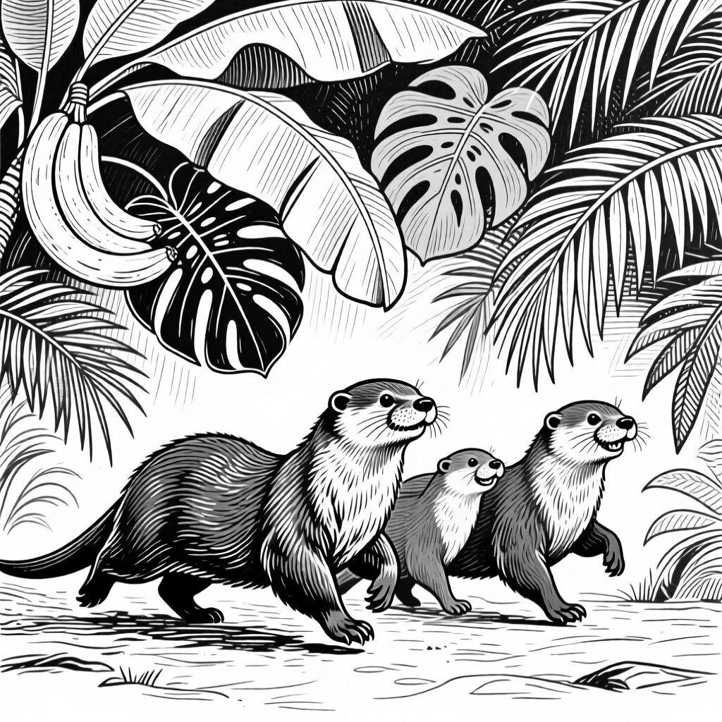 A family of otters beneath a canopy of tropical leaves, muscles tensed mid-stride, capturing a joyfully alive moment in nature with a strong, centered focal point.