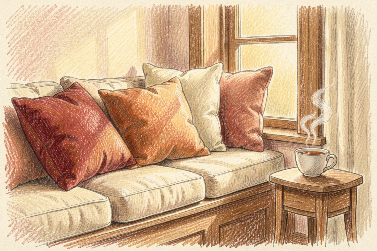 A cozy reading nook with a window seat piled with soft pillows and a steaming cup of tea, with warm golden light spilling across the room, designed to feel inviting, nostalgic, and deeply cozy.