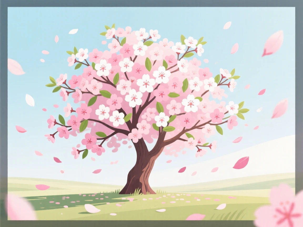 A blooming cherry blossom tree with petals drifting in the wind, surrounded by drifting petals in the breeze, framed with a wide sweeping panoramic view, with a fresh, crisp clarity that highlights every detail.