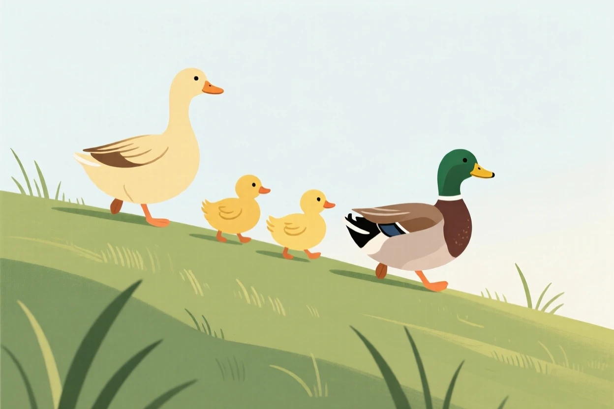 A family of ducks walking together along a grassy hillside.