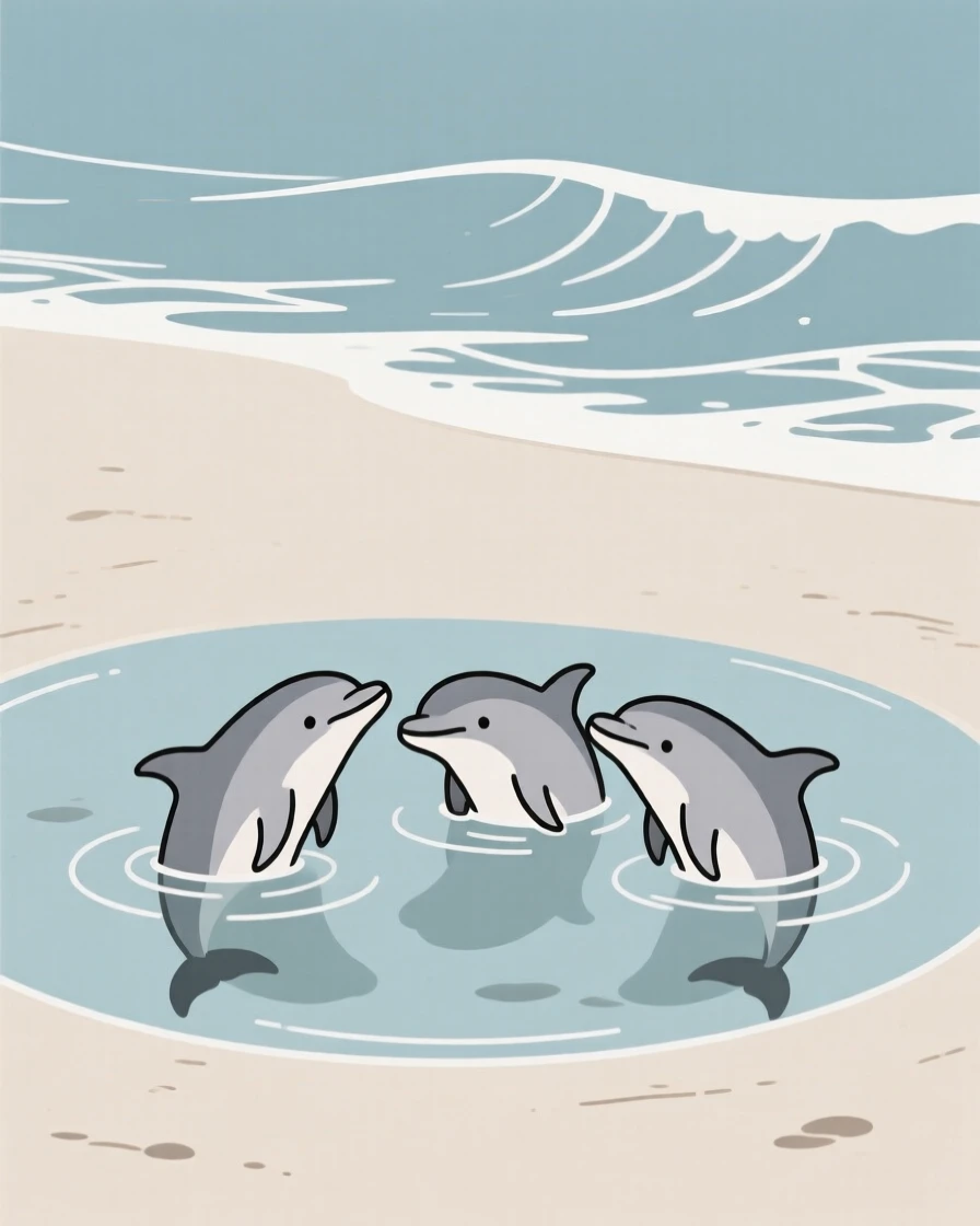 A curious dolphin pod pausing in a tide pool at low tide, with gentle ocean waves in the background, radiating playful energy.