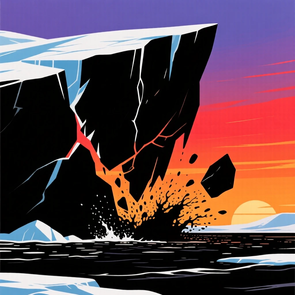 A massive glacier calving into the sea, ice fracturing off its edge.