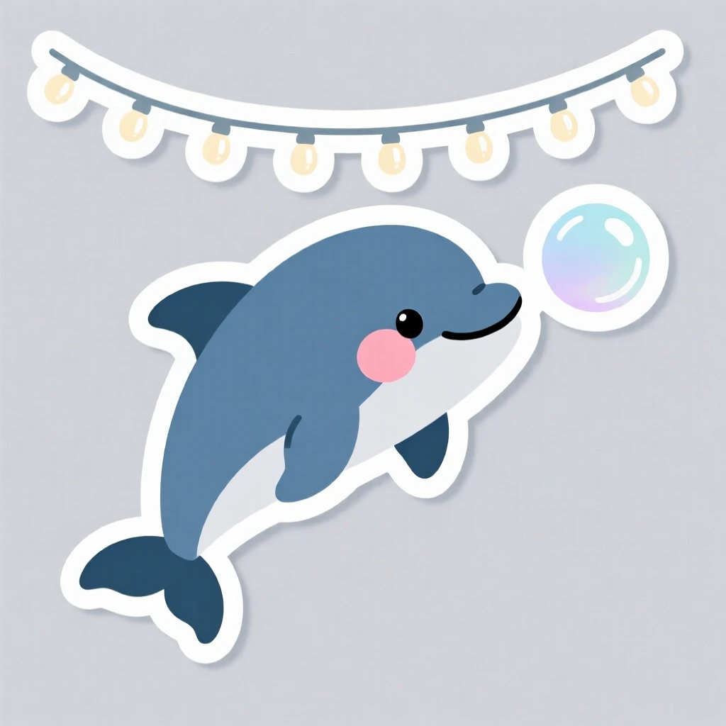 A blushing baby dolphin chasing a floating soap bubble, under a string of fairy lights.