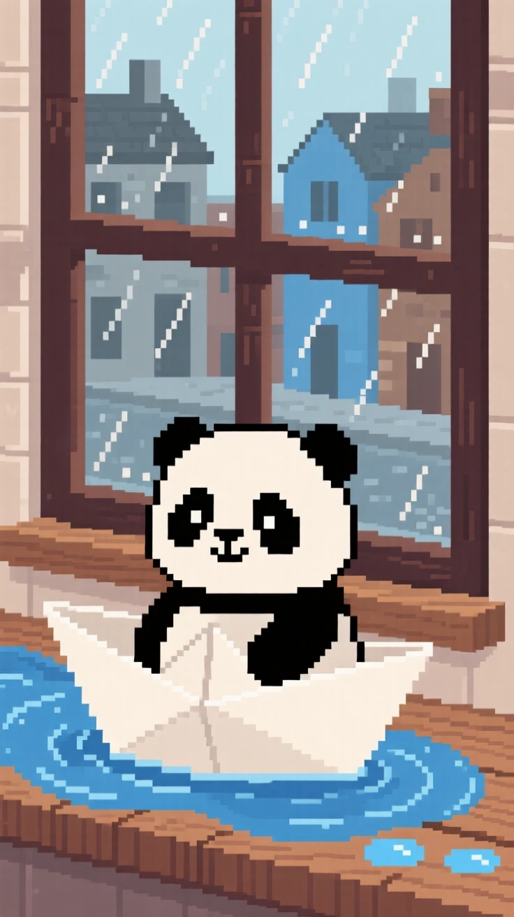 A chubby panda cub riding a paper boat down a stream, on a windowsill overlooking a rainy town.