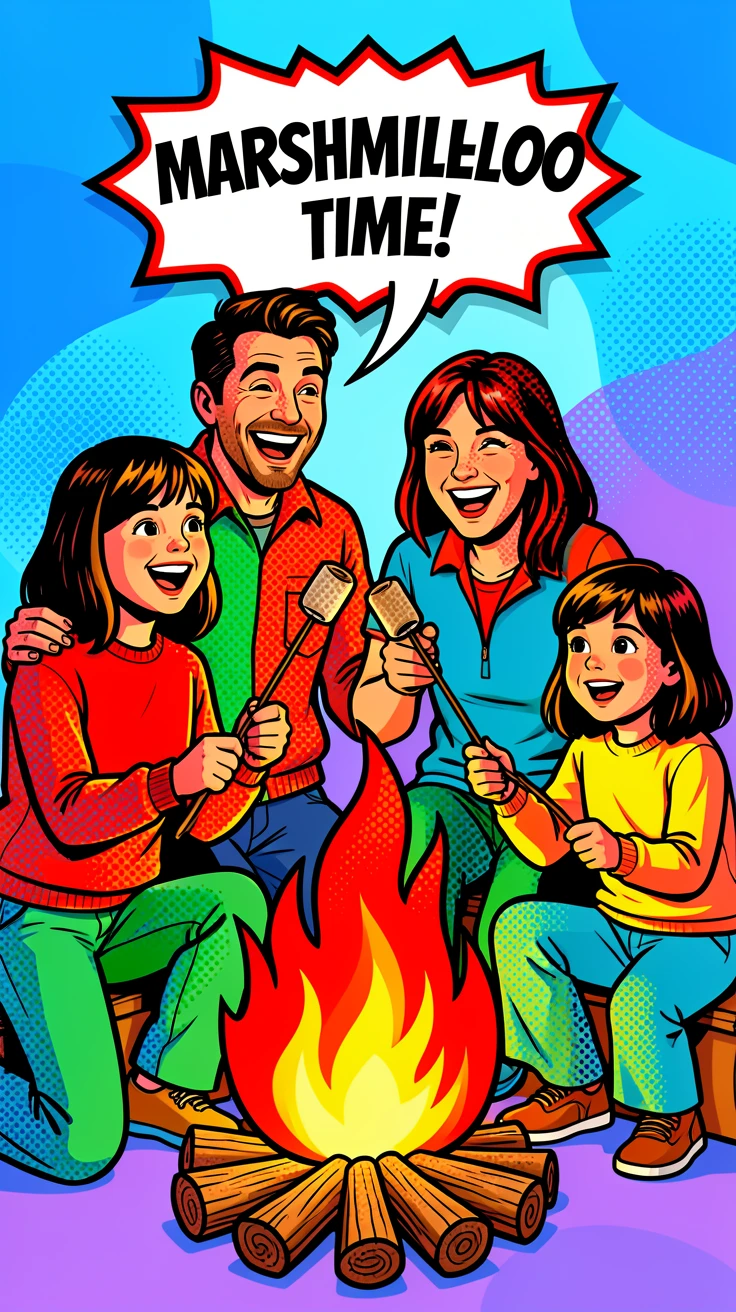 A family roasting marshmallows beside a lit campfire