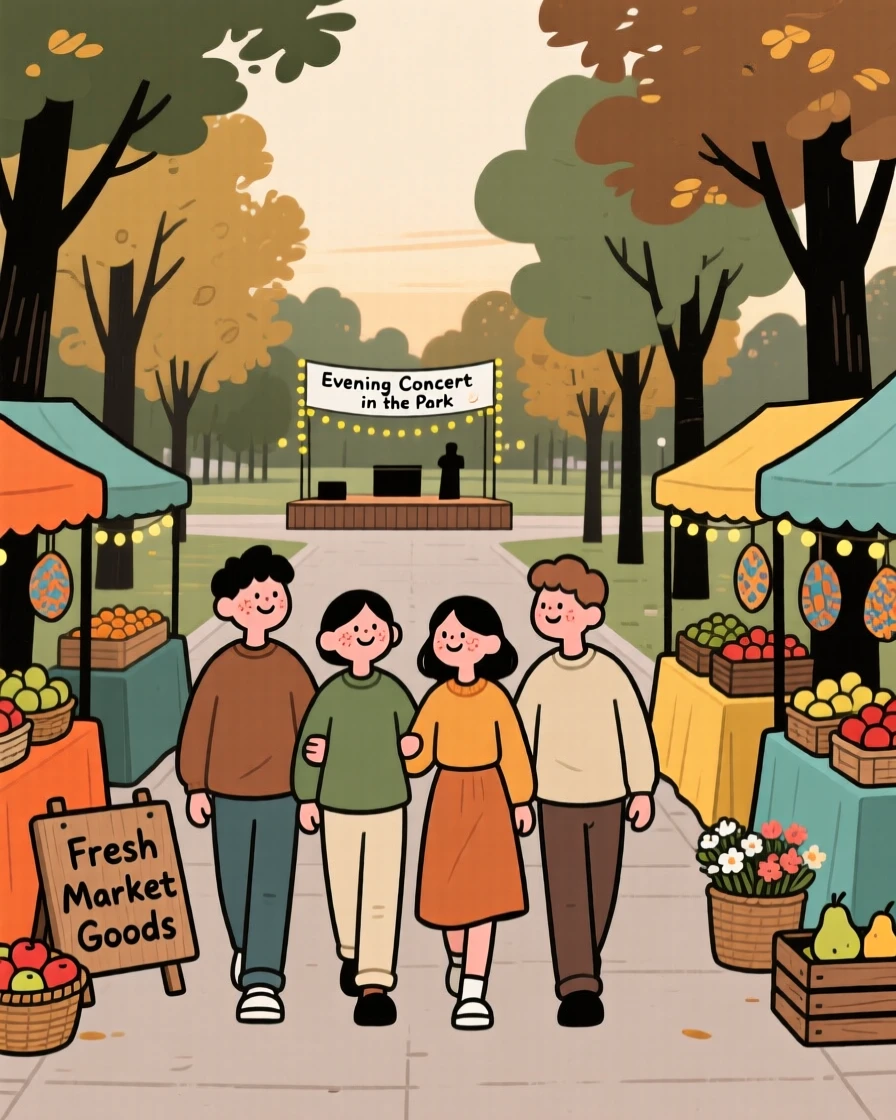 A group of friends link arms and walk down a tree-lined avenue lined with colorful market stalls, heading toward an evening concert in the park.