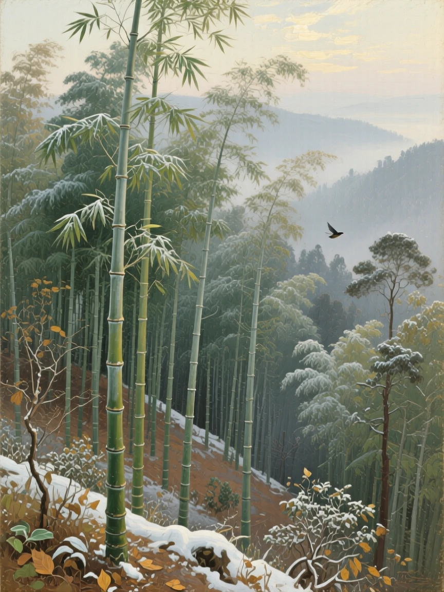 A bird's-eye view of a bamboo forest with tall stalks swaying in a gentle breeze, in an Indian hill station, in deep winter.